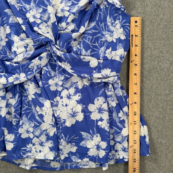 Pleione Blue Floral Flutter Sleeve Blouse Women's Medium V-Neck Drape Twist - Picture 7 of 10